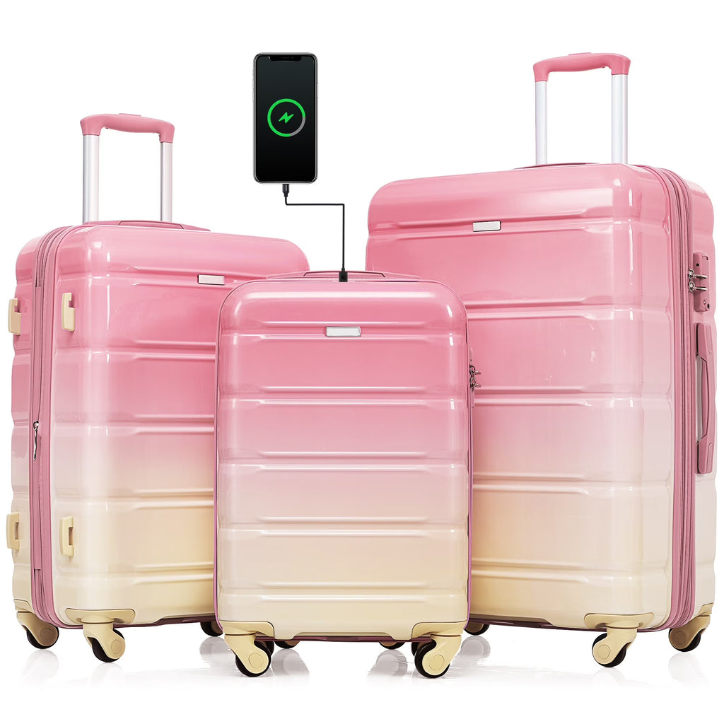 2026 NewPAPROOS 3-Piece Luggage Set (20''/24''/28''), Hardshell Lightweight Suitcase with USB Port and Side Hooks, Travel Luggage with TSA-Lock, Hardside Rolling Luggage for School, Travel, Pink