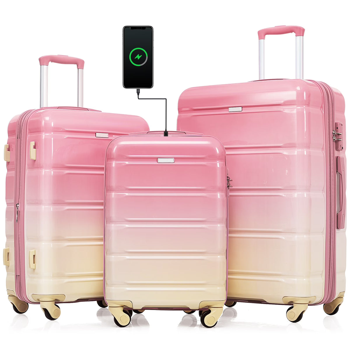 2026 NewPAPROOS 3-Piece Luggage Set (20''/24''/28''), Hardshell Lightweight Suitcase with USB Port and Side Hooks, Travel Luggage with TSA-Lock, Hardside Rolling Luggage for School, Travel, Pink