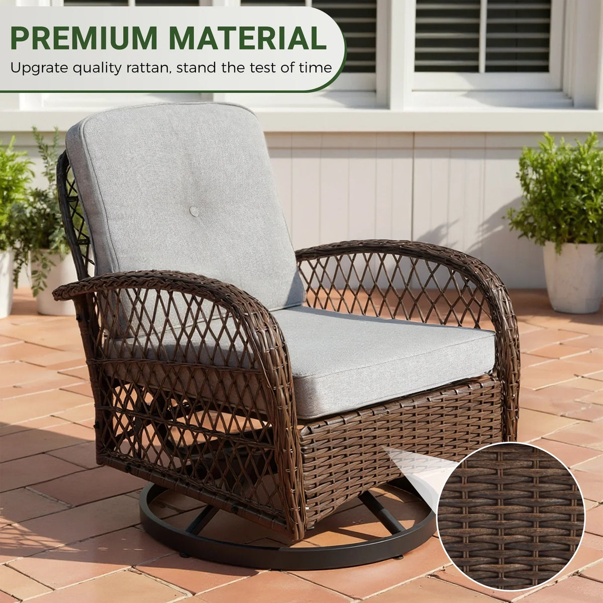 2026 New3 Piece Patio Swivel Rocker Chairs Set, 2 360-Degree Swivel Rocking Chairs with 1 Glass Top Table, PE Rattan Outdoor Bistro Set with Cushions for Balcony Deck Poolside Backyard Porch
