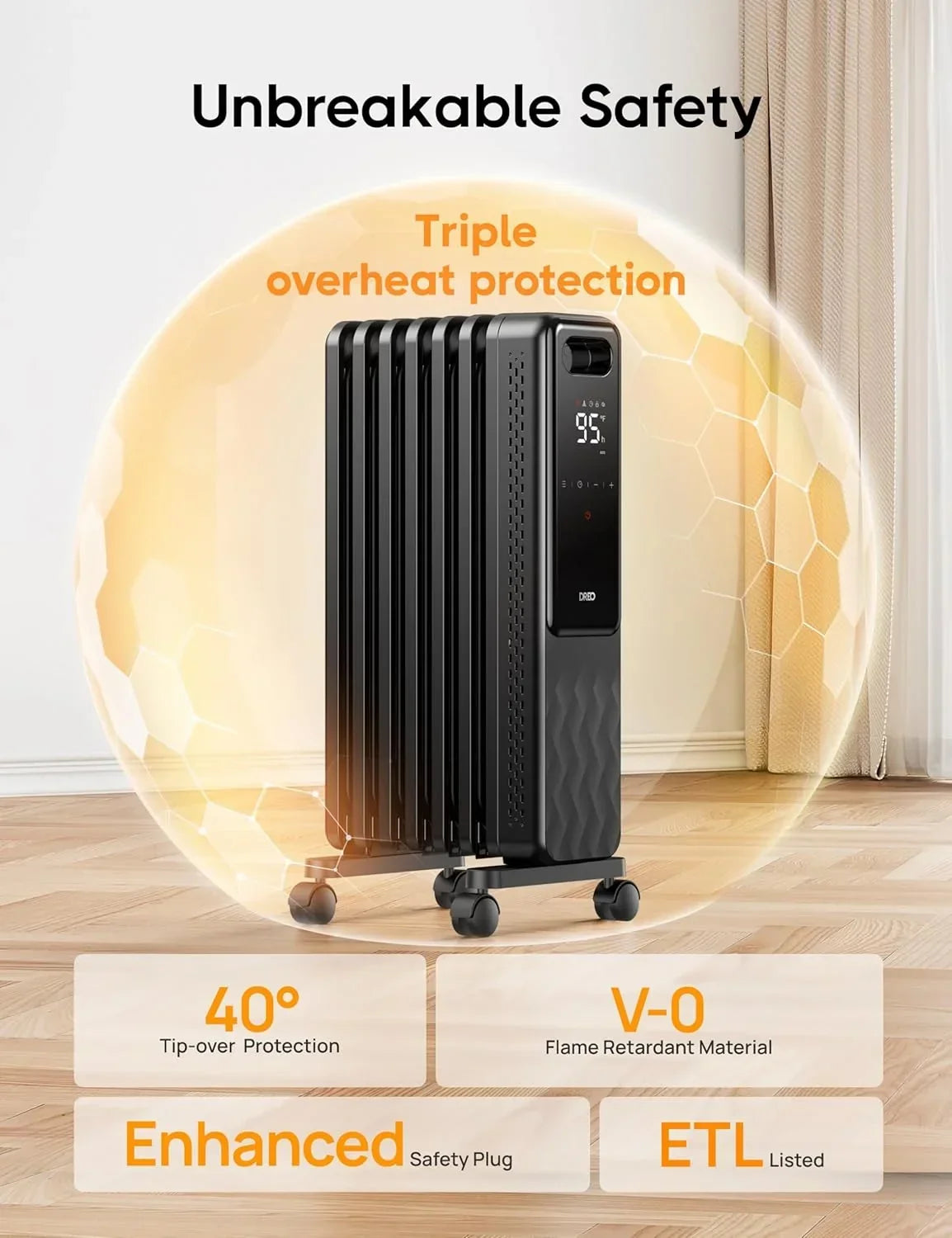 2026 NewDreo Oil Filled Radiator, Electric Radiant Heaters for indoor use Large Room with Remote Control, Child Lock, 4 Modes, Overheat & Tip-Over Protection, 24h Timer, Digital Thermostat, Quiet, 1500W