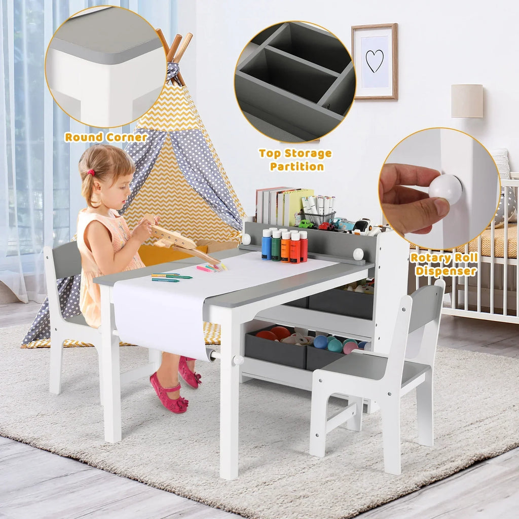 2026 NewPirecart Kids Art Table and 2 Chairs Toddler Craft Set Wooden Play Activity Drawing Table with 4 Storage Bins and Paper Roll