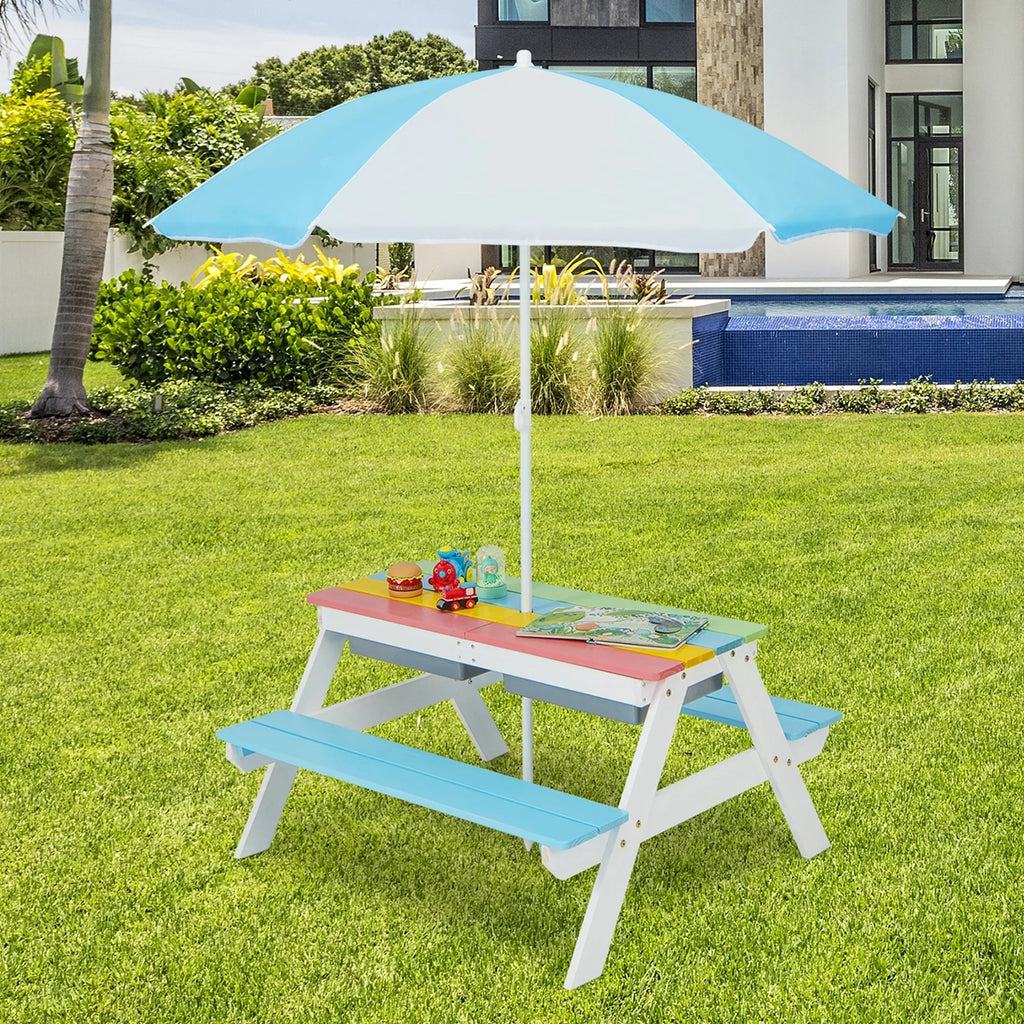 2026 NewCostway 3-in-1 Kids Picnic Table Wooden Outdoor Sand & Water Table with Umbrella Play Boxes Green