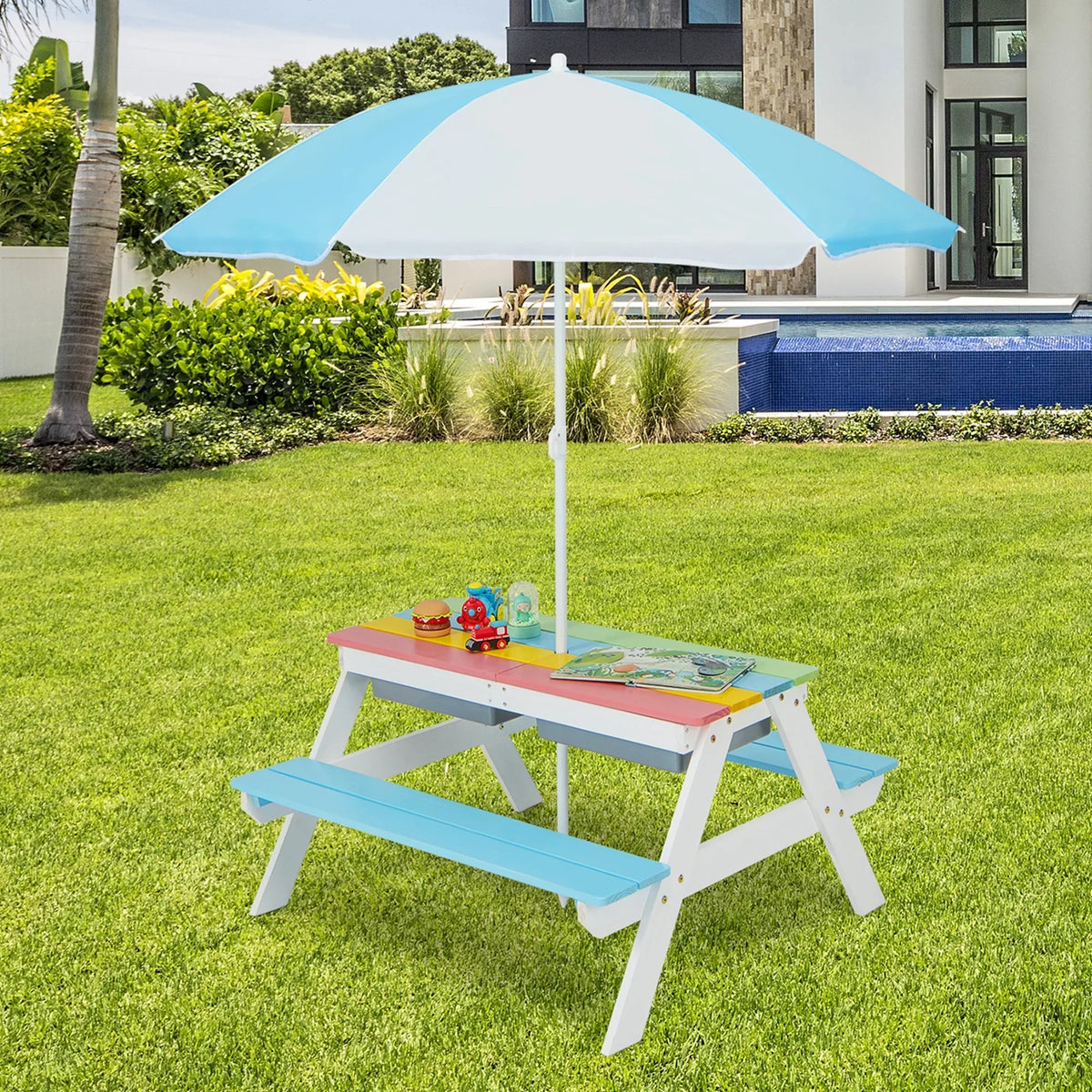 2026 NewCostway 3-in-1 Kids Picnic Table Wooden Outdoor Sand & Water Table with Umbrella Play Boxes Green
