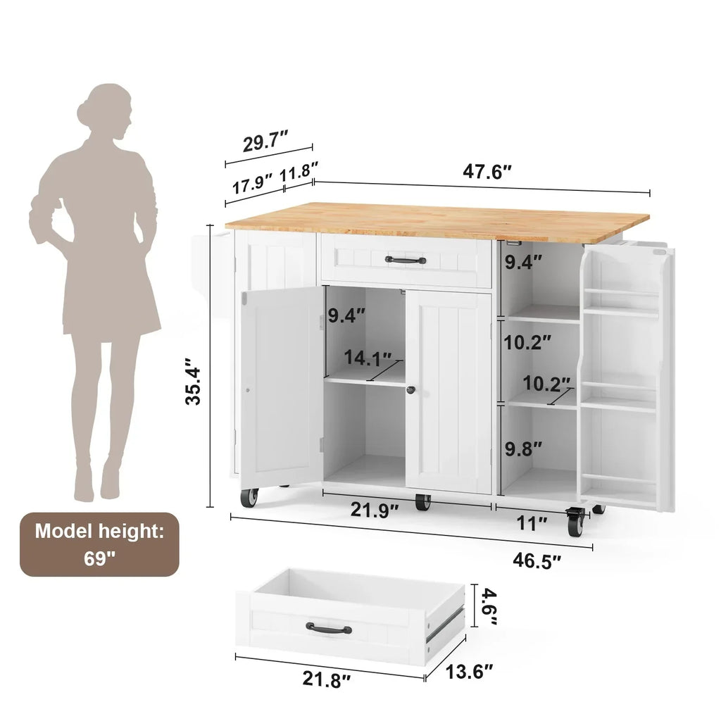 2026 NewNoelse Kitchen Island with Storage, Island Table for Kitchen with Drop Leaf, Spice Rack, Towel Bar for Small Kitchens, White