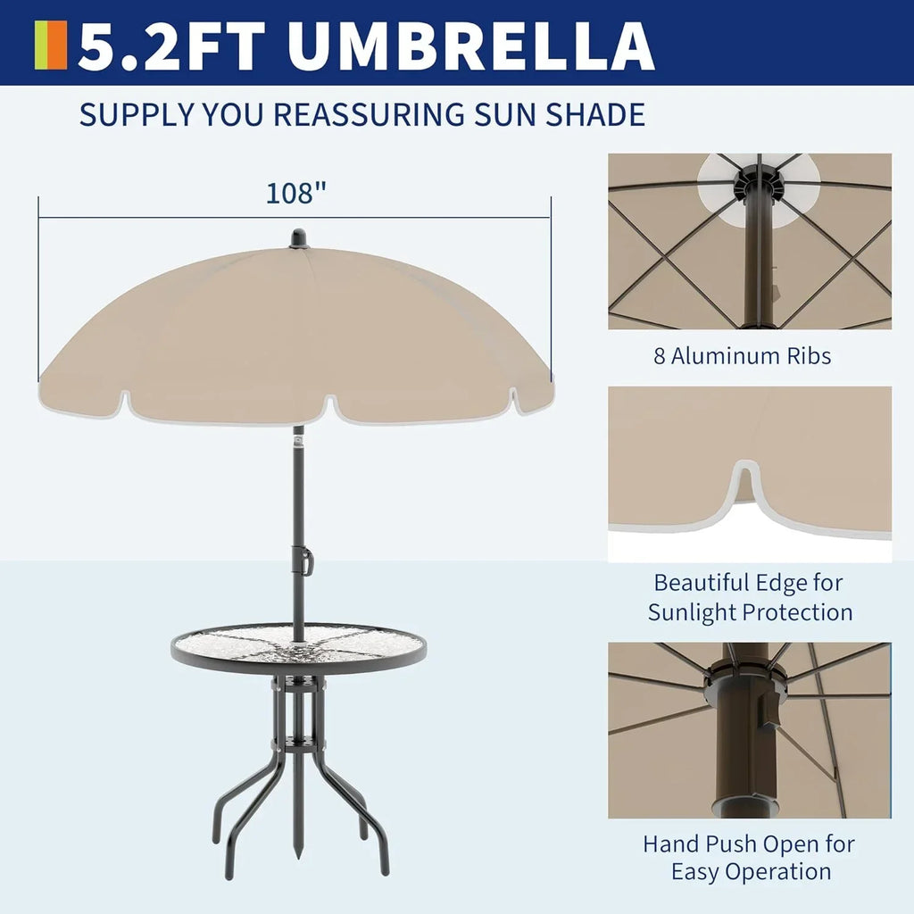 2026 New6 Pieces Outdoor Dining Set With Umbrella, Patio Table and 4 Folding Chairs With Umbrella, Garden Patio Furniture Set With Umbrellas, Tempered Glass Top Dining Table