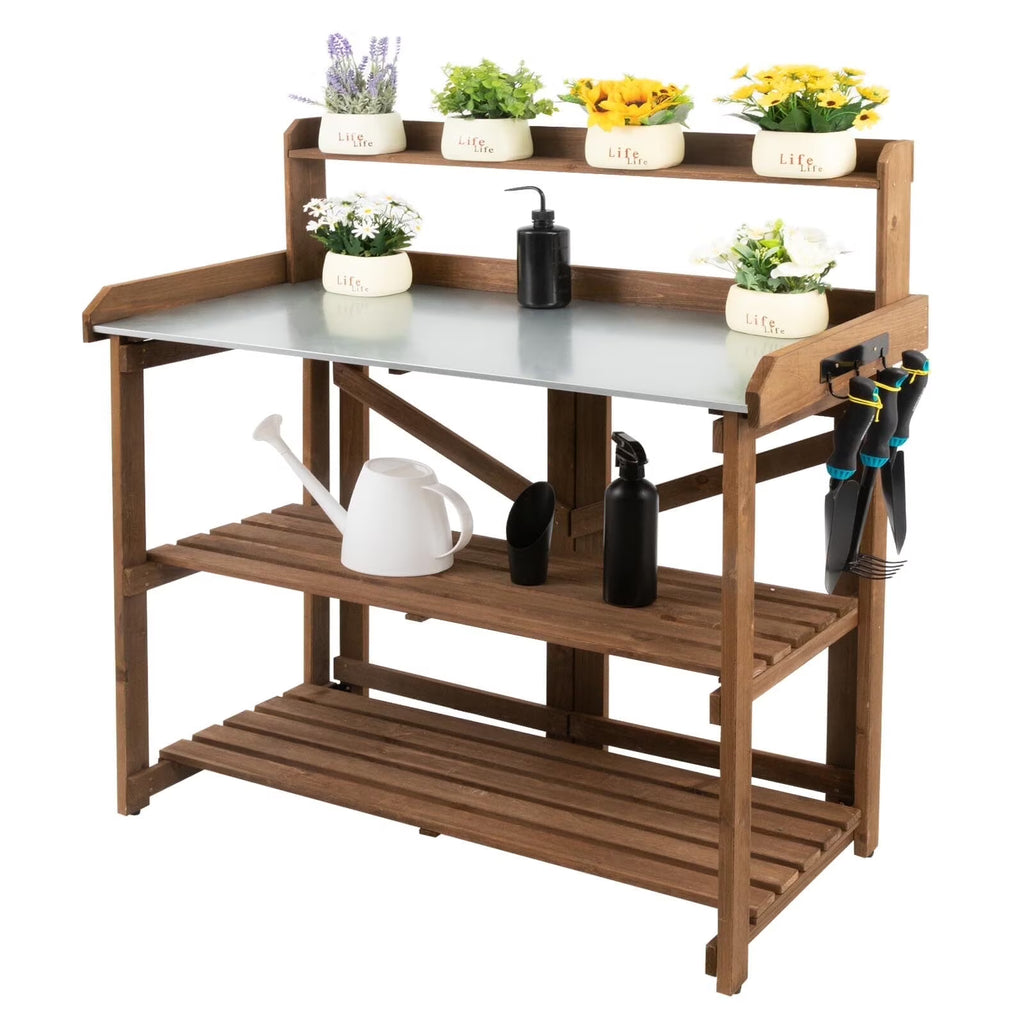 2026 NewPETSCOSSET Outdoor Wooden Folding Potting Bench Table, Fir Wood Garden Workstation with Galvanized Tabletop, 2 Tier Storage Shelves, Brown