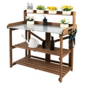 2026 NewPETSCOSSET Outdoor Wooden Folding Potting Bench Table, Fir Wood Garden Workstation with Galvanized Tabletop, 2 Tier Storage Shelves, Brown
