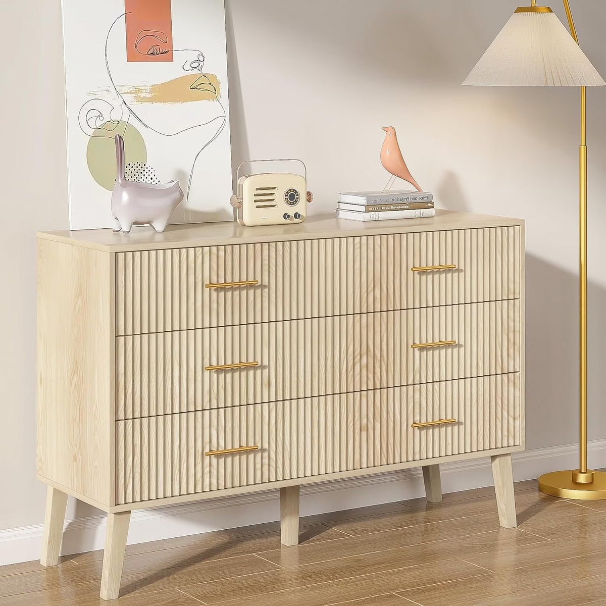 2026 NewFluted 6 Drawers Dresser, Wide Modern Chest of Drawers, 6 Drawer Double Dresser
