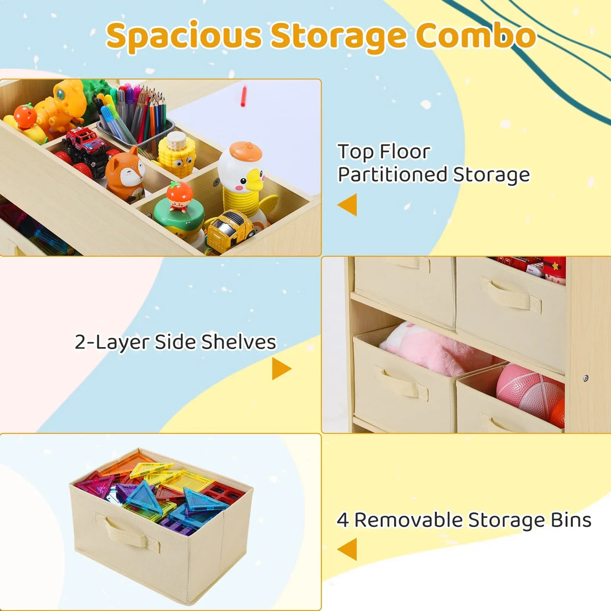 2026 NewPirecart Kids Art Table and 2 Chairs Toddler Craft Set Wooden Play Activity Drawing Table with 4 Storage Bins and Paper Roll