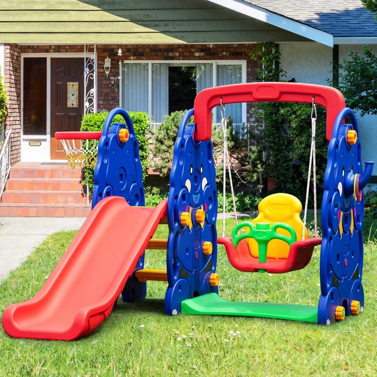 2026 NewCostway 3 in 1 Junior Children Climber Slide Swing Seat Basketball Hoop Playset Backyard
