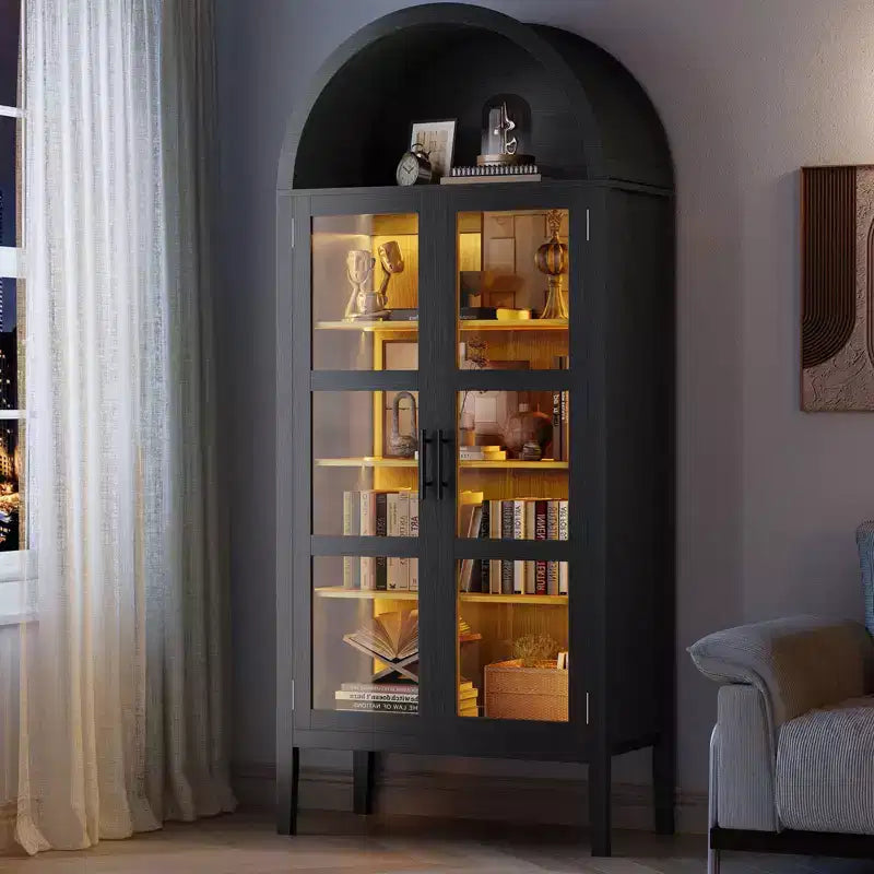 2026 Armario de almacenamiento arqueado negro/blanco de 71" con luces LED y puertas de cristal