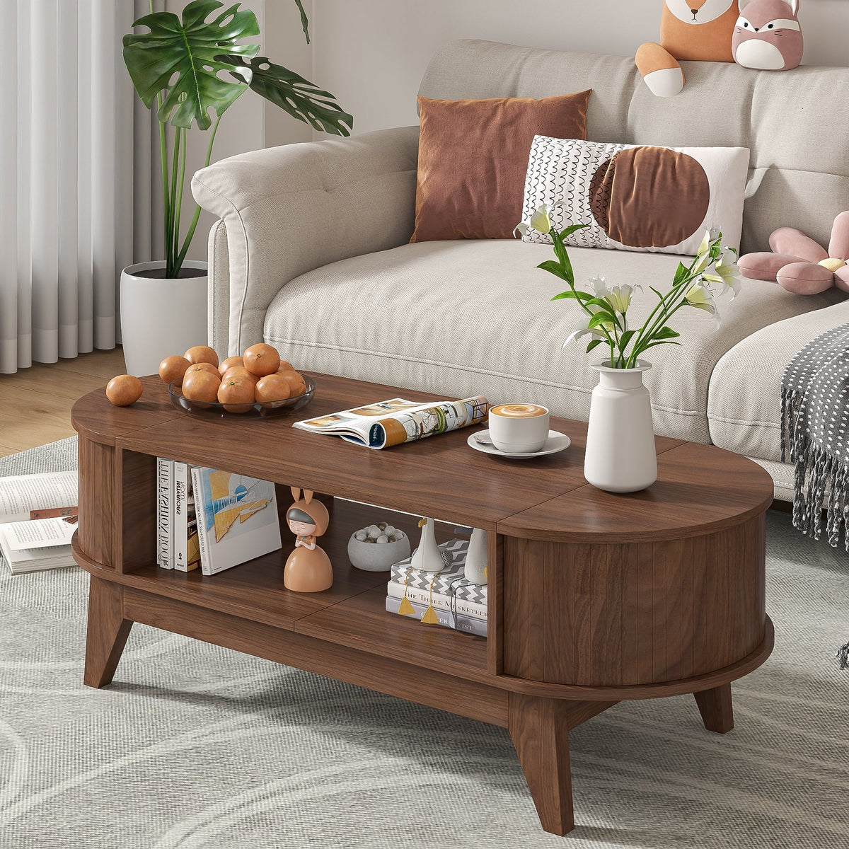 2026 NewFluted Coffee Table with Storage, Modern Coffee Tables, Wood Accent Center Table