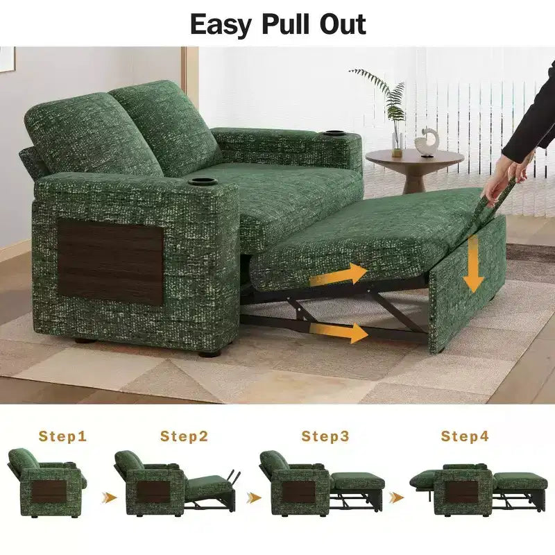 2026 Dyonery Sofá cama 4 en 1 de 65,5" con respaldos ajustables, carga USB/Type-C, portavasos y bolsillos, verde