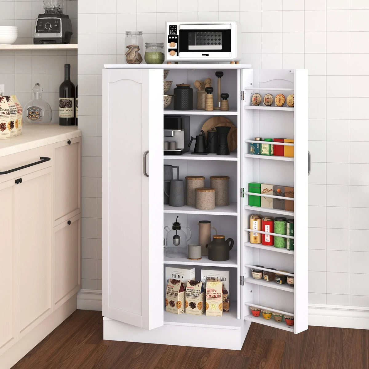 2026 New47 Kitchen Pantry Cabinet, White Buffet Cupboards Sideboard with Doors & Adjustable Shelves, Kitchen