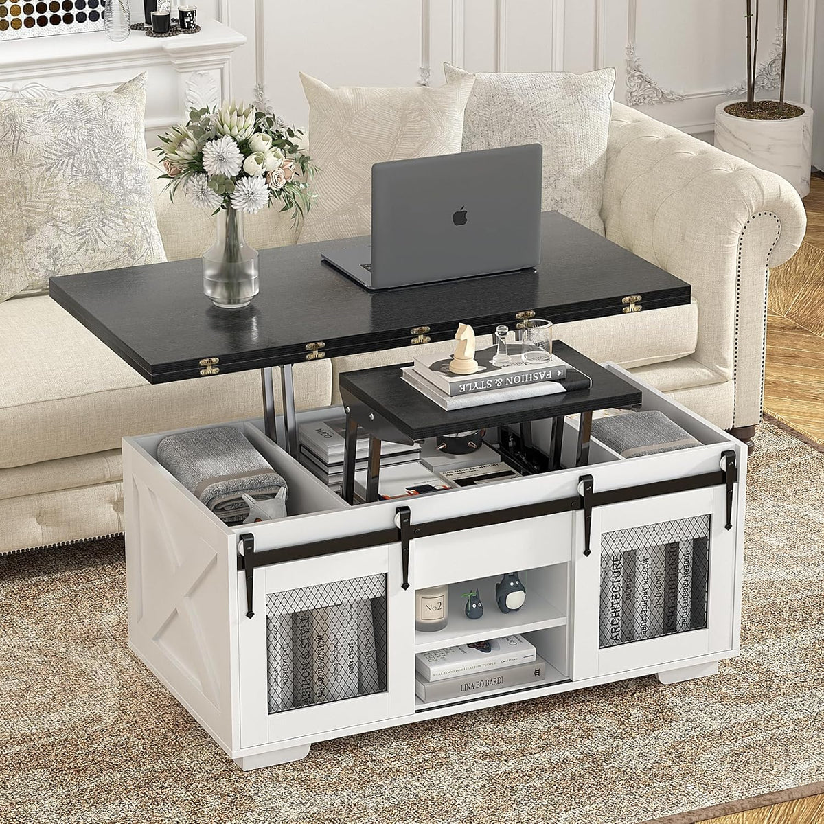 2026 VOWNER Mesa de Centro Elevable, Mesa Extensible, Multifuncional 3 en 1 con Almacenamiento Oculto - Comedor, Convertible, Estilo Granja, Nogal