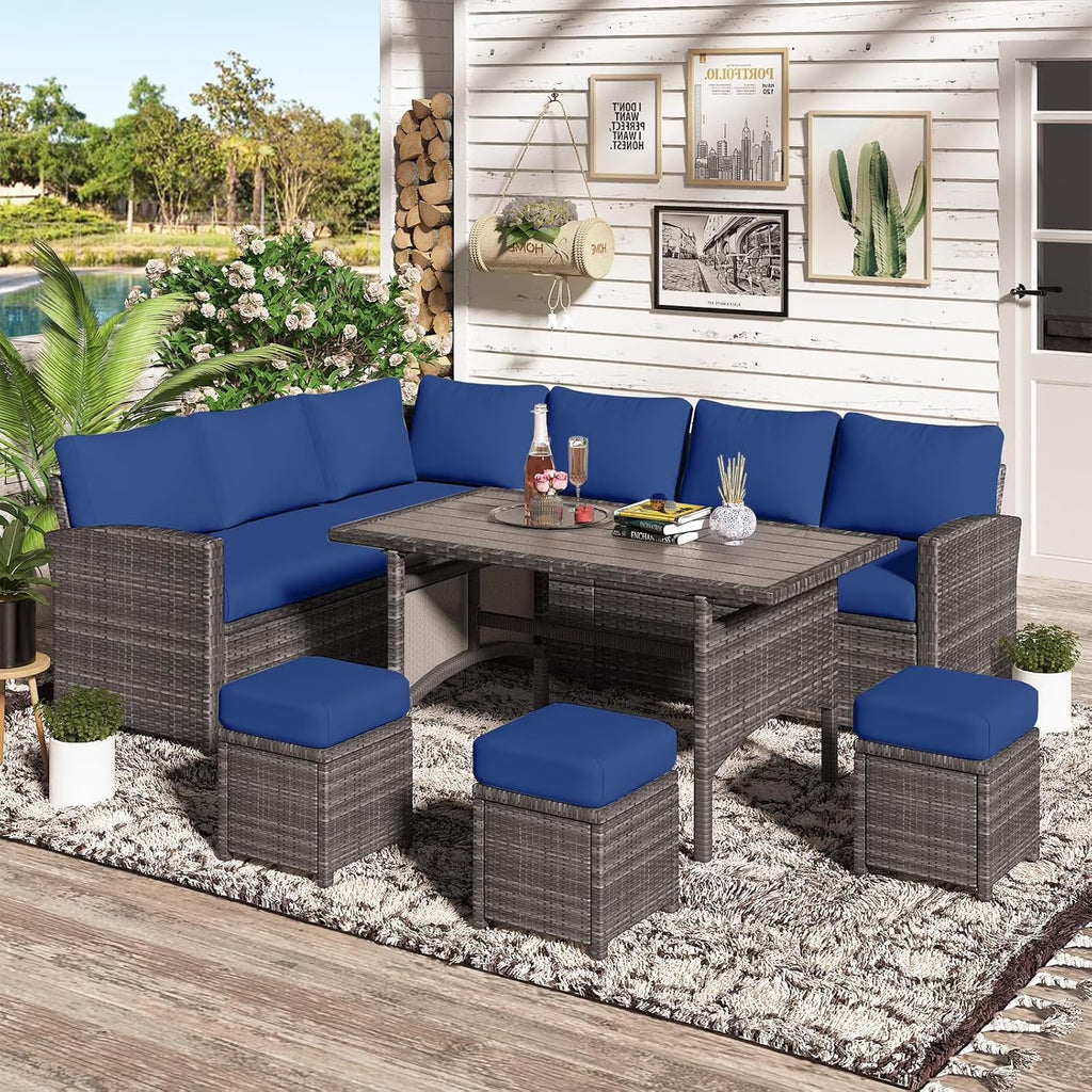 2026 NewAECOJOY 7 Piece Patio Furniture Set PE Rattan Outdoor Dining Set Sectional Sofa Couch with Table Patio Conversation Set in Gray