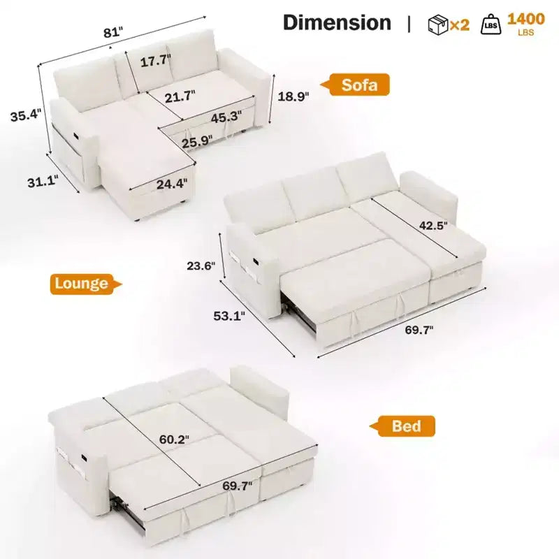 2026 Sofá cama extraíble 2 en 1 con chaise longue de almacenamiento, chenilla y puertos USB