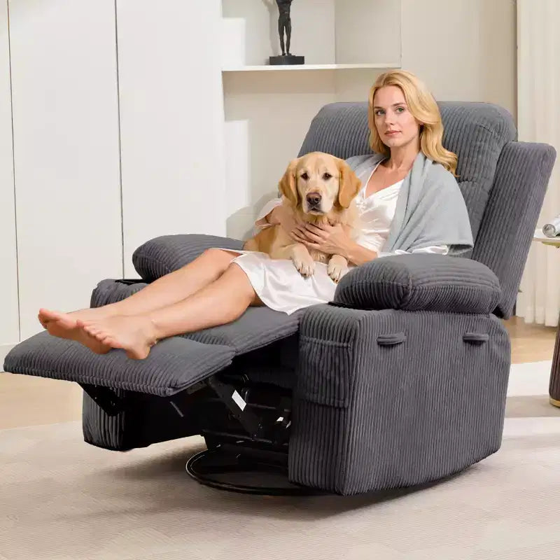 2026 Sillón reclinable mecedora giratorio 360° extragrande con masaje y calor, portavasos y bolsillos