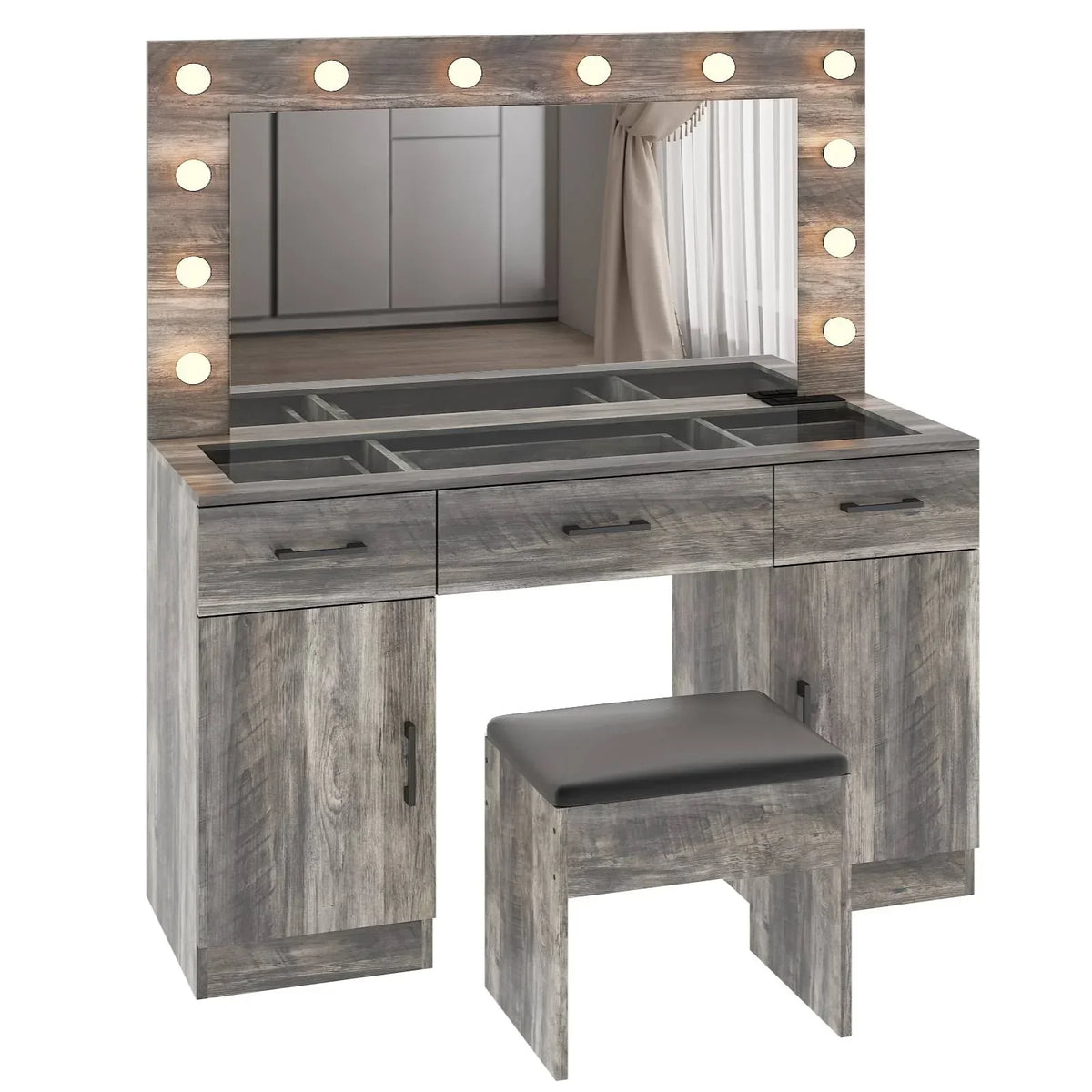 2026 NewKtaxon Large Makeup Vanity, Vanity Table Set w/ Visible Glass Top w/ Charging Station, White
