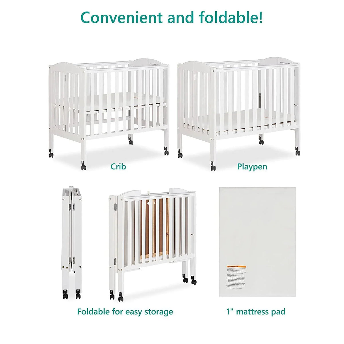2026 NewDream On Me 2-in-1 Folding Portable Mini Crib in White. Mattress Pad Included. Easy to Fold and Store Baby Crib. Two Adjustable Mattress Height positions Convertible Crib