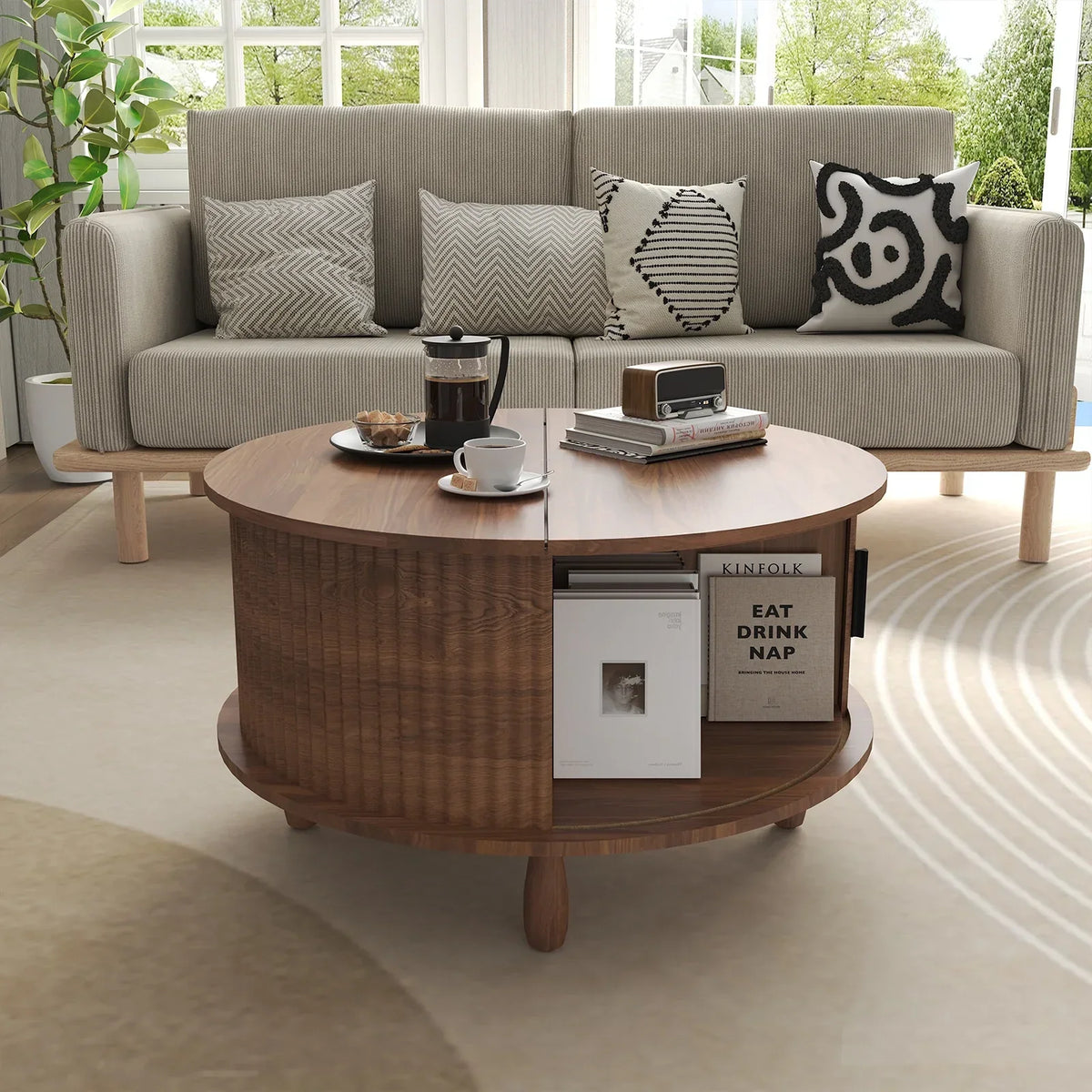 2026 NewRUMLIVE Round Coffee Table with Storage, 30.7" Modern Coffee Table with 360" Curved Sliding Door, Fluted Wood Coffee Table with Footpads, Round Center Table for Living Room, Black
