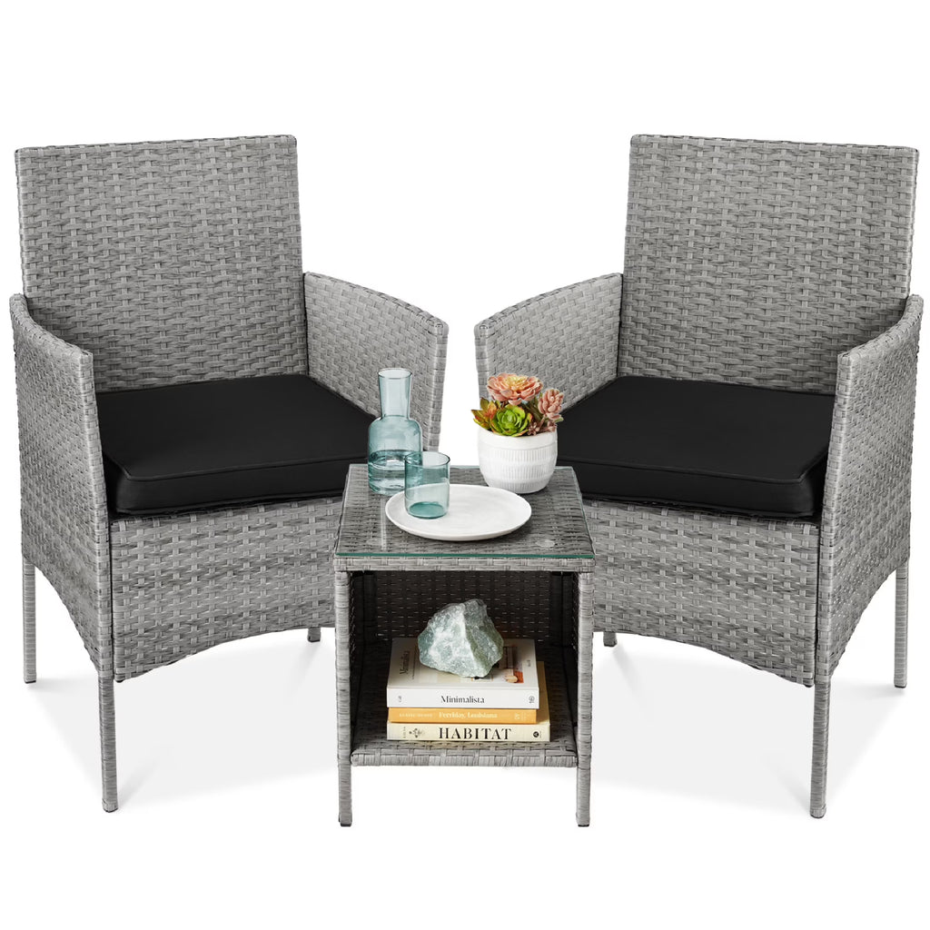 2026 NewBest Choice Products 3-Piece Outdoor Wicker Conversation Patio Bistro Set, w/ 2 Chairs, Table - Gray/Navy