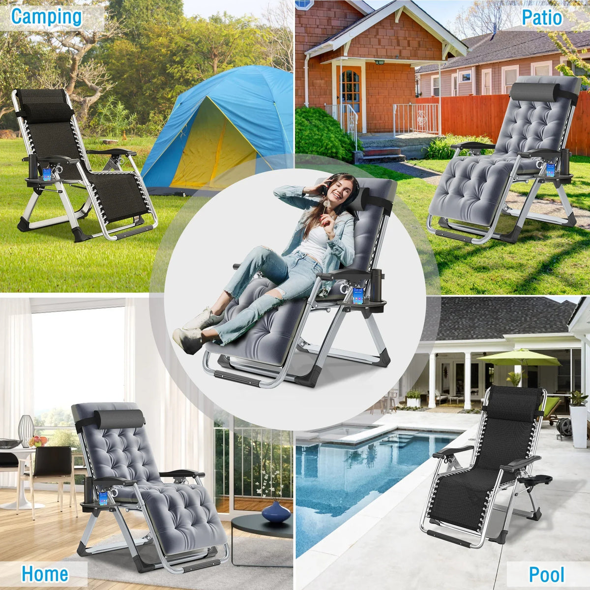 2026 NewNAIZEA 2 Pack Zero Gravity Chair, Foldable Portable Lawn Recliner with Cushion, Headrest, Cup Holder, Black