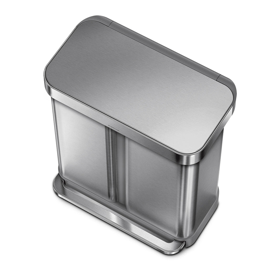 2026 Newsimplehuman 58 Liter / 15.3 Gallon Rectangular Dual Compartment Recycling Step, Brushed Stainless Steel with Soft-Close Plastic Lid Kitchen Trash Can