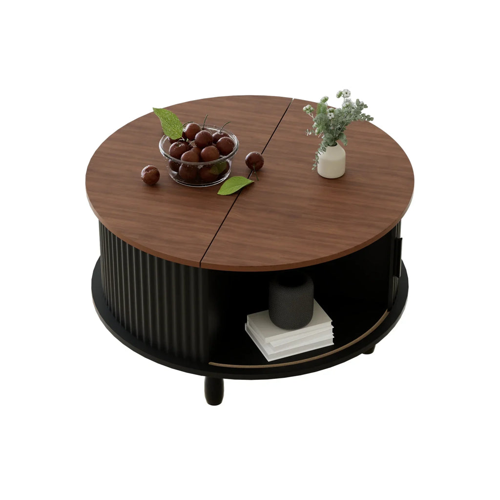 2026 NewRUMLIVE Round Coffee Table with Storage, 30.7" Modern Coffee Table with 360" Curved Sliding Door, Fluted Wood Coffee Table with Footpads, Round Center Table for Living Room, Black
