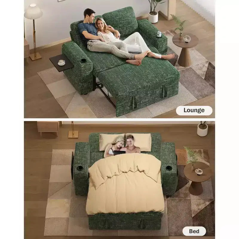 2026 Dyonery Sofá cama 4 en 1 de 65,5" con respaldos ajustables, carga USB/Type-C, portavasos y bolsillos, verde