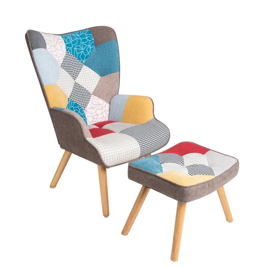 2026 NewModern Accent Chair with Solid Wood Legs and High Wing Backrest, Side Chair Set with Ottoman, Comfy Side Armchair for Living Room, Reading Room, Bedroom, Colorful Patchwork