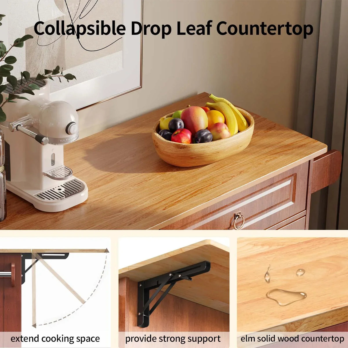 2026 NewLofka 52-Inch Kitchen Island with Storage on Wheels with Wood Drop Leaf, Ideal for Small Kitchens