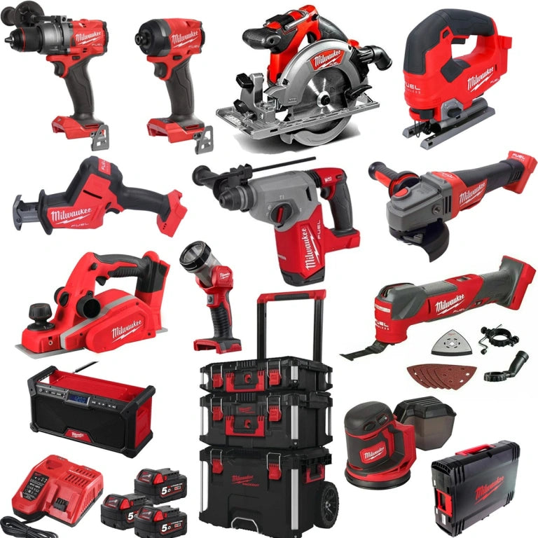 2026 KIT DE HERRAMIENTAS ELÉCTRICAS MILWAUKEE MILKIT12A CON 3 BATERÍAS DE LITIO ROJO DE 18 V Y 5 AH (12 PIEZAS)