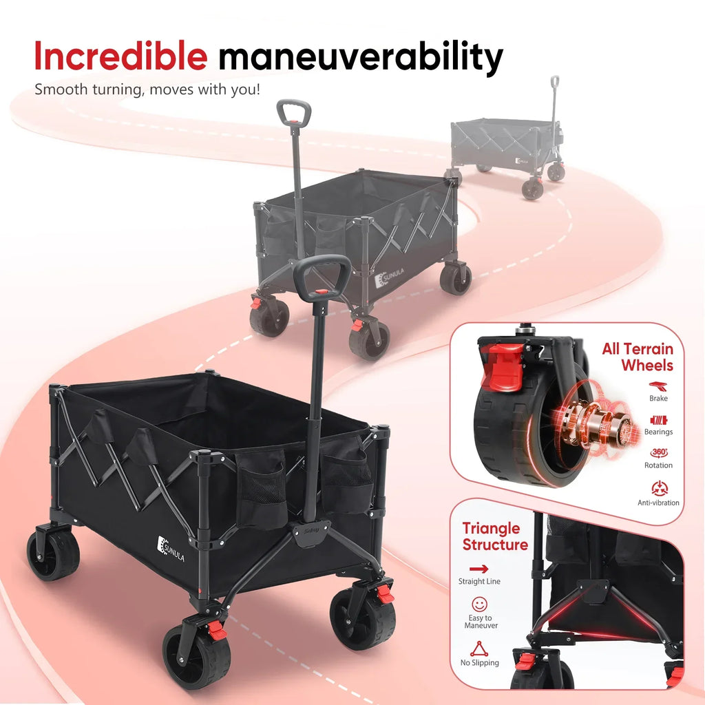 2026 NewSekey 330LBS Collapsible Wagon Cart, 220L Large Capacity Foldable Wagon, Heavy Duty Folding Utility Garden Cart with All-Terrain Wheels for Camp, Beach, Sport, Shop, Grocery (Black, 1-YEAR-WARRANTY)