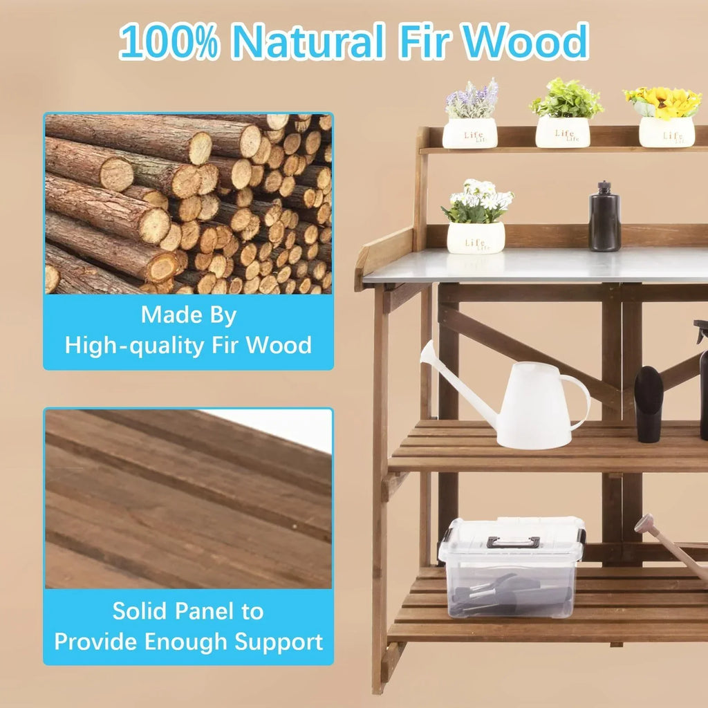 2026 NewPETSCOSSET Outdoor Wooden Folding Potting Bench Table, Fir Wood Garden Workstation with Galvanized Tabletop, 2 Tier Storage Shelves, Brown