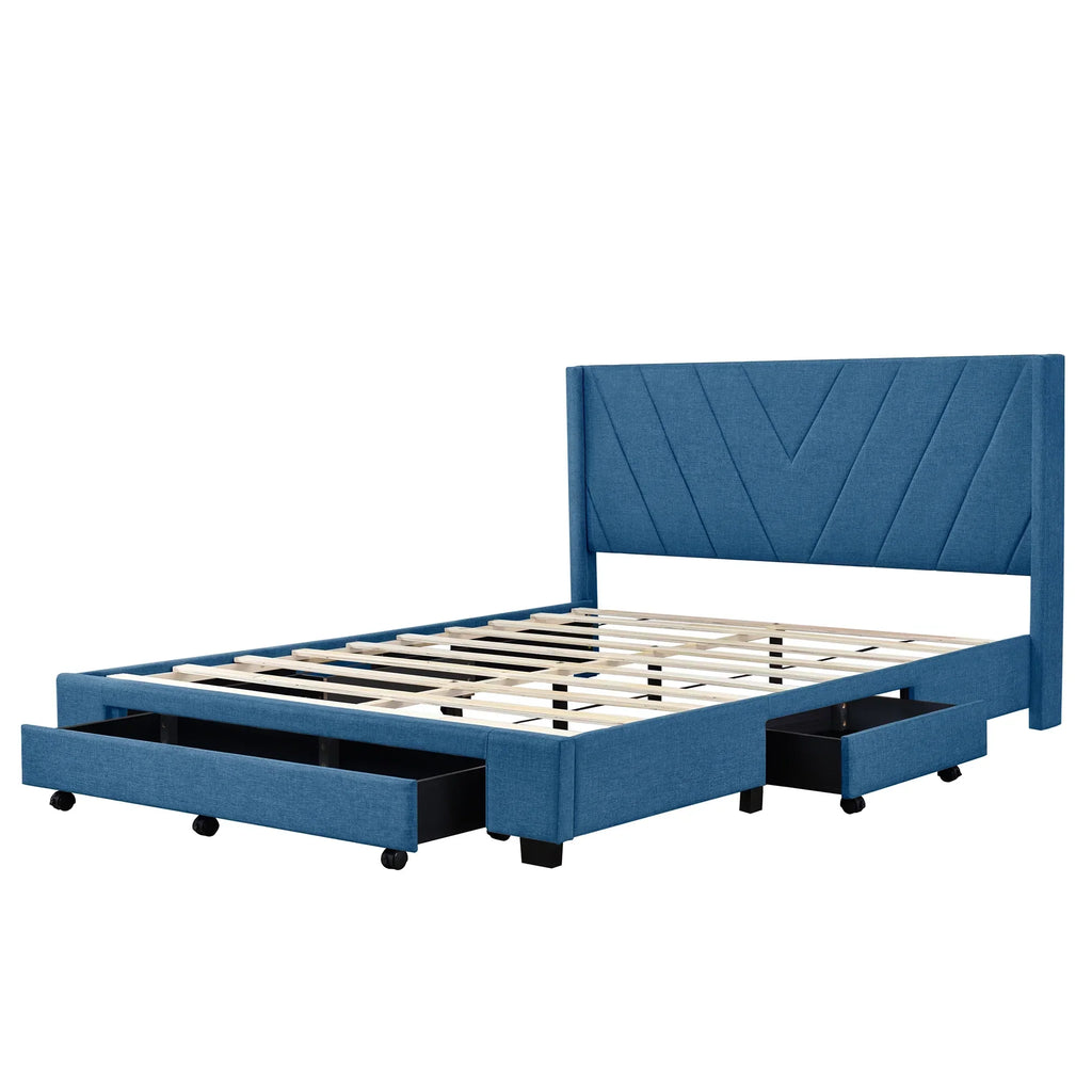 2026 NewSesslife Queen Bed Frame with Storage, New Upgraded Linen Upholstered Platform Bed with 3 Drawers, Queen Size Storage Bed with Headboard and Wooden Slats, No Box Spring Needed, Holds 500lbs, Beige