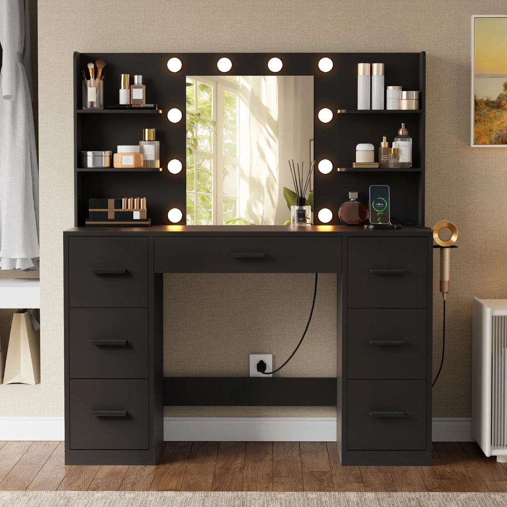 2026 NewLacoo Vanity Desk with Mirror and LED Lights, Makeup Vanity with 7 Drawers & 4 Shelves, Vanity Table with Power Outlet for Bedroom Dressing Room, White