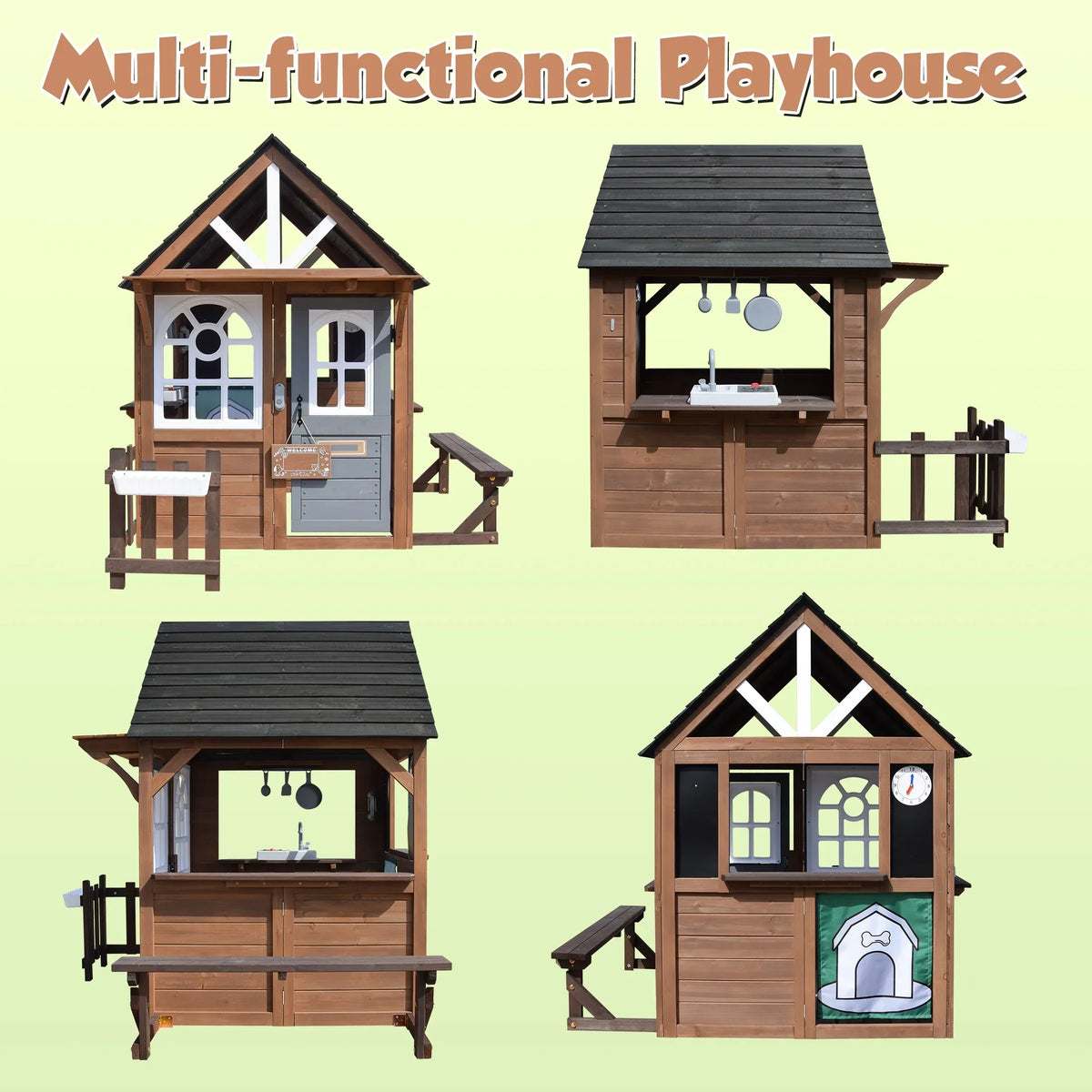 2026 NewCOCLUB Outdoor Playhouse, Wooden Playhouse for Kids Toddlers, Large Kids Playhouse with Bench/Fence/Kitchen/Door Nameplate/Pretend Phone, Girls Boys Outdoor Toy Gift for Ages 3+, (62.99"W* 67.32"L)
