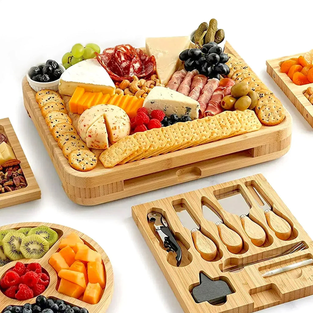 2026 NewZulay Kitchen Bamboo Cheese Board Set Extra Thick Charcuterie Board 15 Piece - Deluxe Set