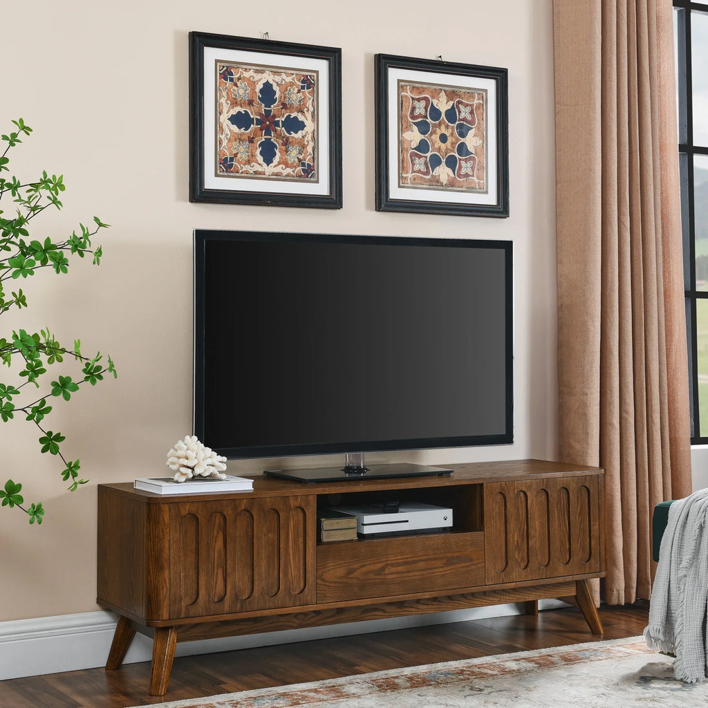 2026 NewNoble House Mid-Century Modern Fluted TV Stand for 65" TV, Entertainment Console with Storage, Solid Wood Legs, Walnut