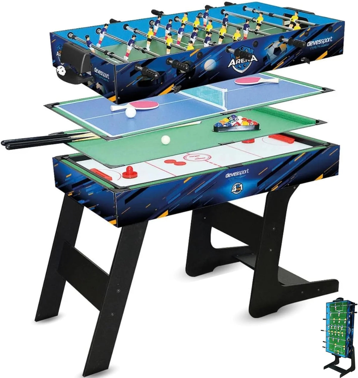 2026 DEVESSPORT Multijuego plegable 4 en 1 Sport Arena | Futbolín, billar, hockey de aire y tenis de mesa | Accesorios incluidos