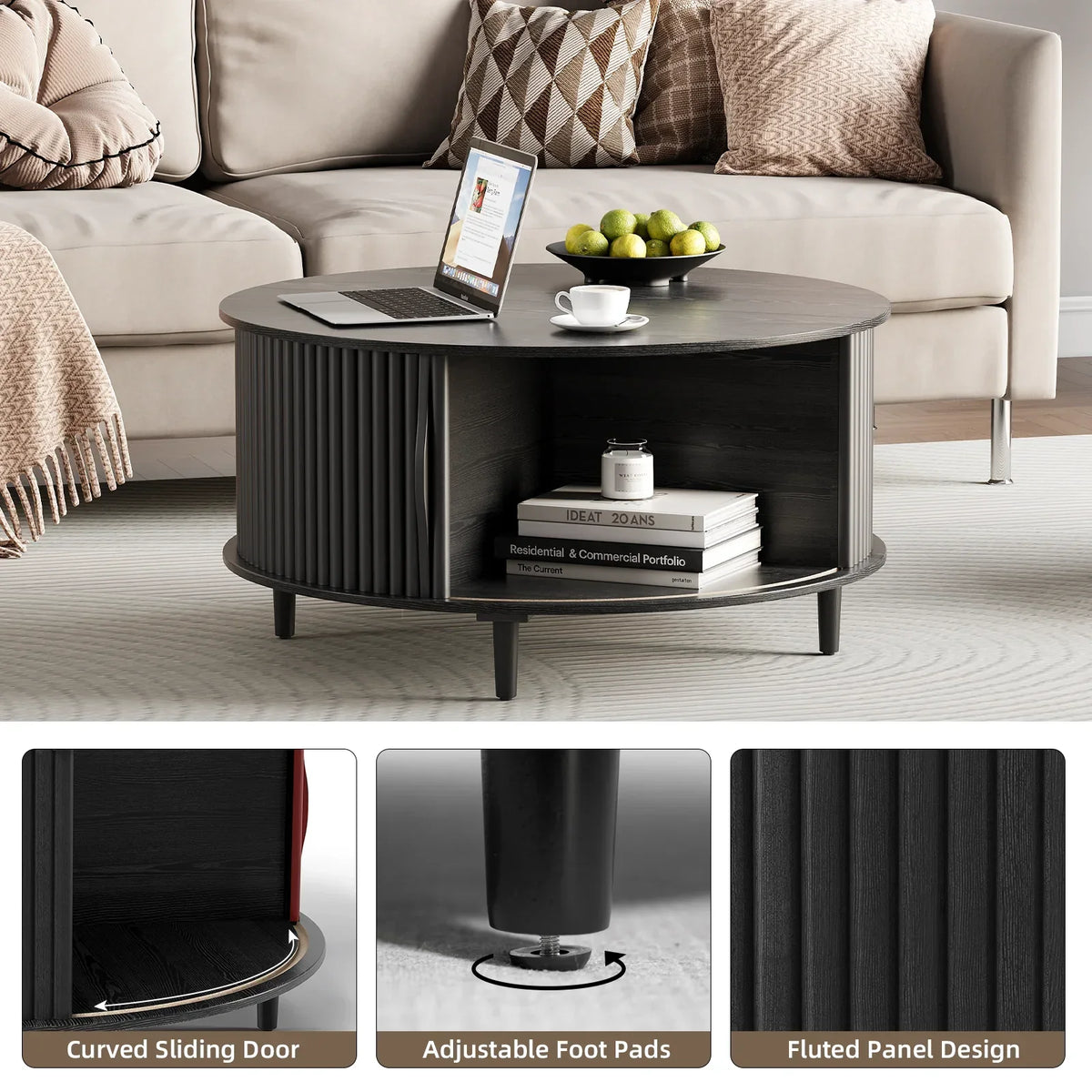 2026 NewJOINICE Round Coffee Table with Storage and Sliding Door,Mid Century Modern Wooden Center Table,for Living Room,Walnut