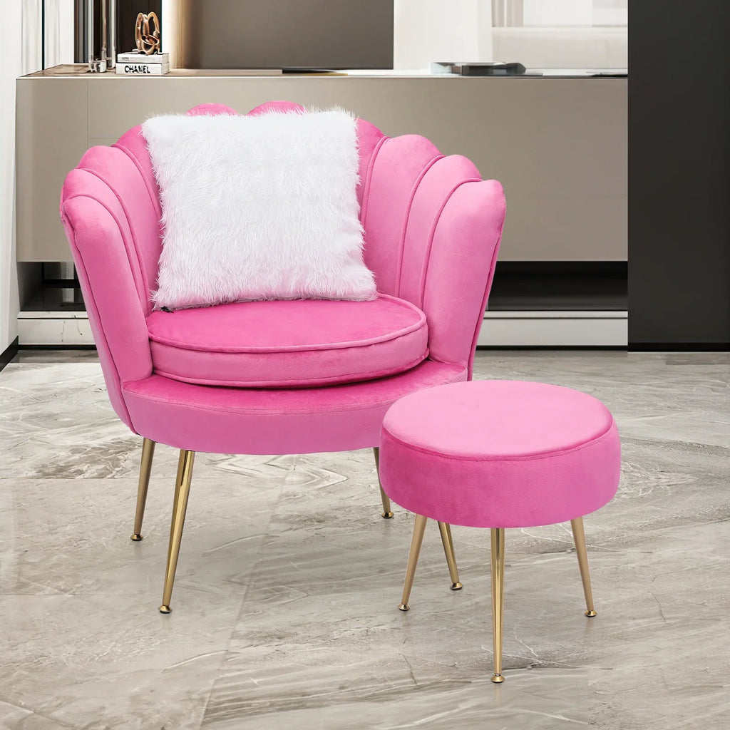 2026 NewMoNiBloom Set of 2 Velvet Tufted Accent Chair with Pillow and Stool, Upholstered Modern Single Sofa Side Chair with Padded Seat and Golden Metal Legs, Living Room Armchair, Black