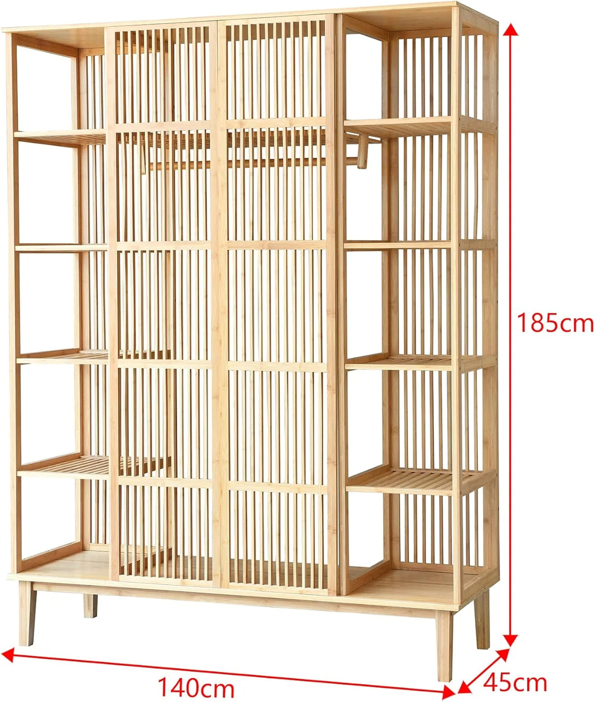 2026 [en.casa] Armario para Ropa con 2 Puertas Deslizantes Clóset con 12 Estantes y 1 Barra de Colgar Perchero de Bambú 185 x 140 x 45 cm Natural