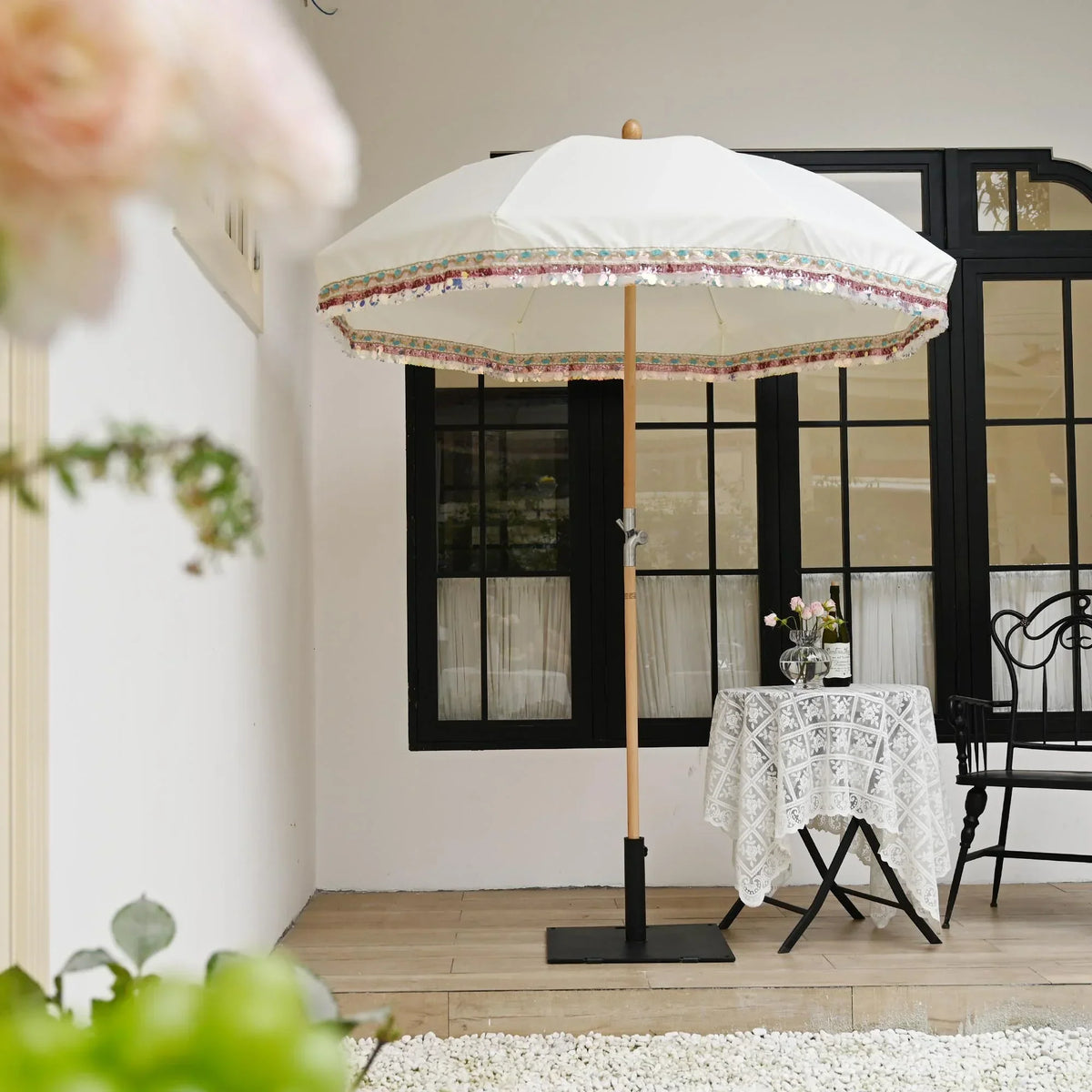 2026 NewLAGarden 6 Ft Fringe Patio Umbrella with Tassel Jazz Age Wood UPF50+ for Outdoor, Beige with gold tassel,Model: JZ6-01