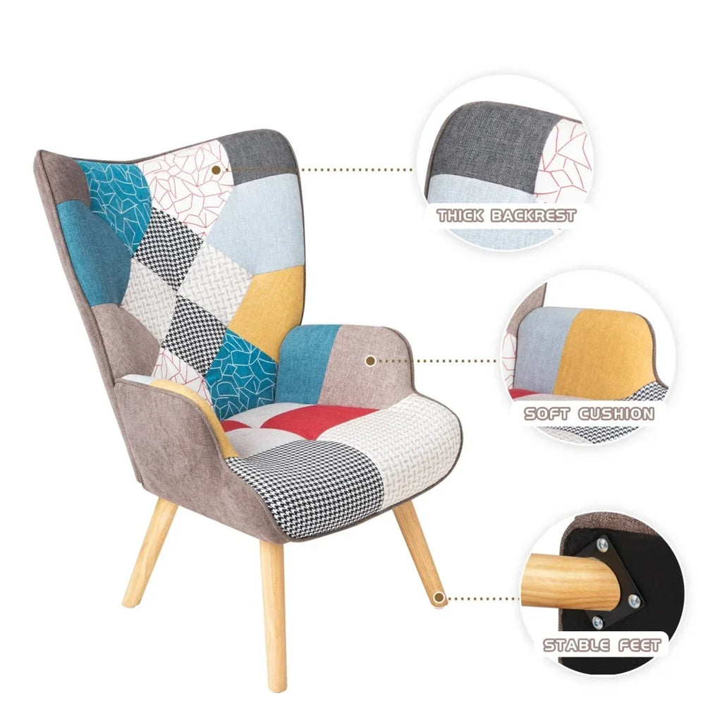 2026 NewModern Accent Chair with Solid Wood Legs and High Wing Backrest, Side Chair Set with Ottoman, Comfy Side Armchair for Living Room, Reading Room, Bedroom, Colorful Patchwork