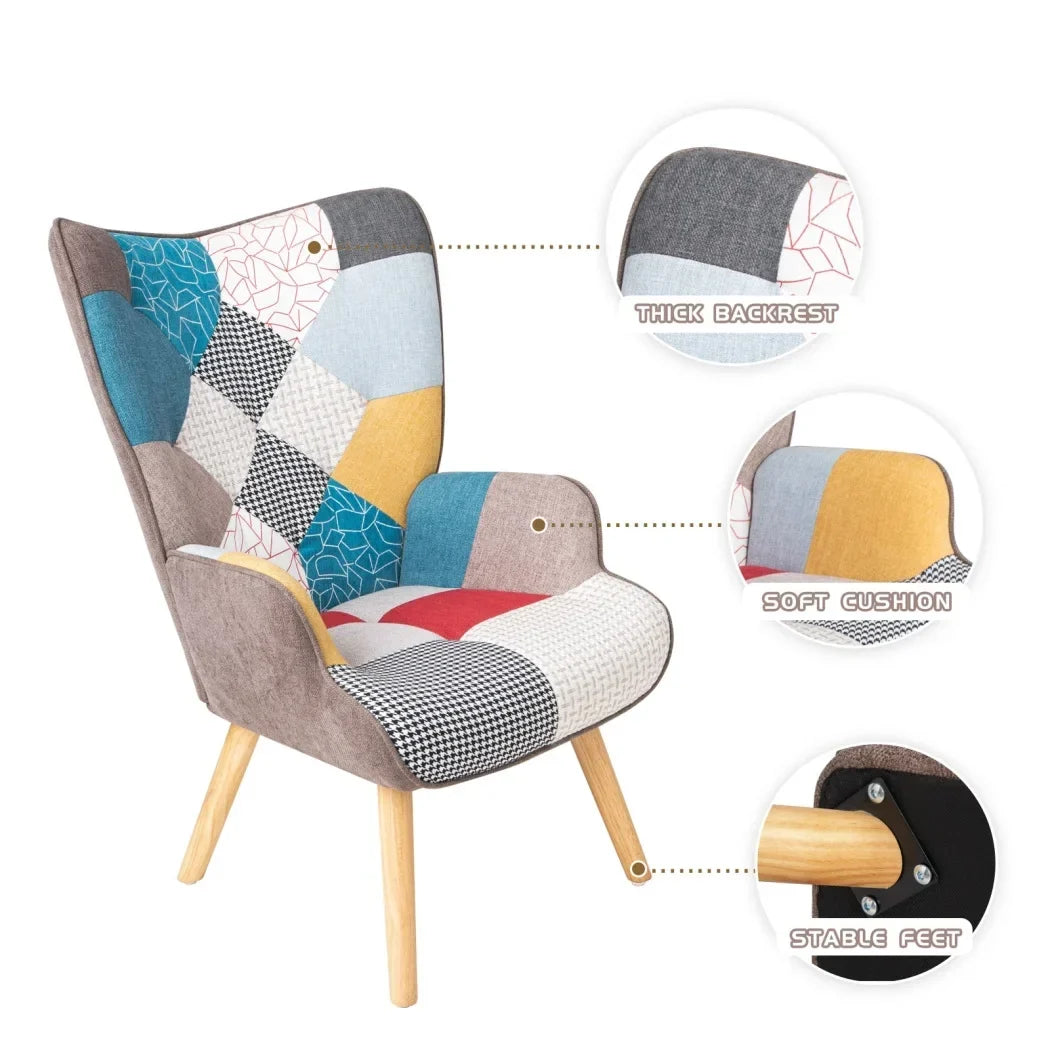 2026 NewModern Accent Chair with Solid Wood Legs and High Wing Backrest, Side Chair Set with Ottoman, Comfy Side Armchair for Living Room, Reading Room, Bedroom, Colorful Patchwork