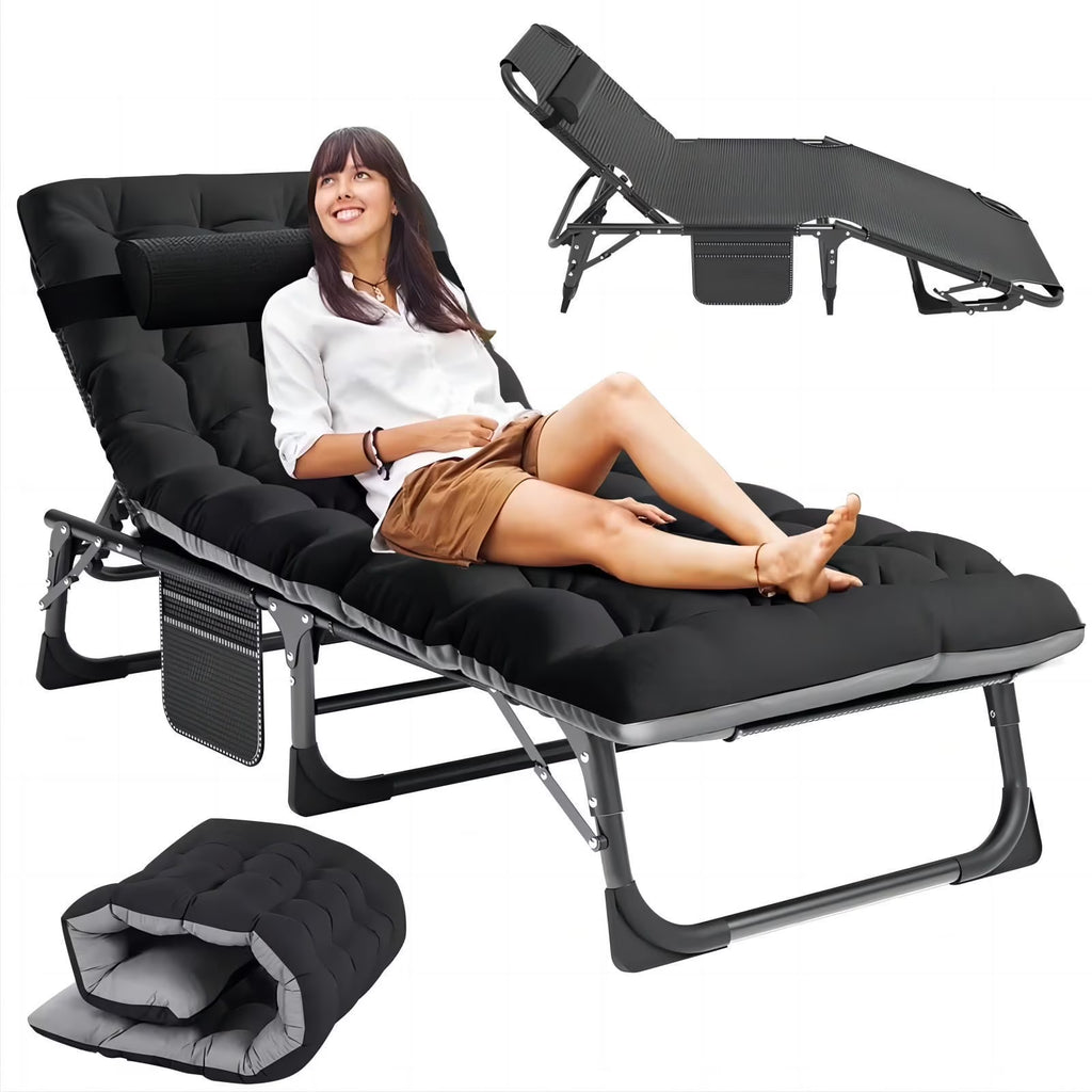 2026 NewMOPHOTO Lounge Chair with Mattress, Outdoor Chaise Lounge Support 440 Lbs, Adjustable Portable Heavy Duty Sleeping Cots Bed for Camping, Pool, Beach, Patio