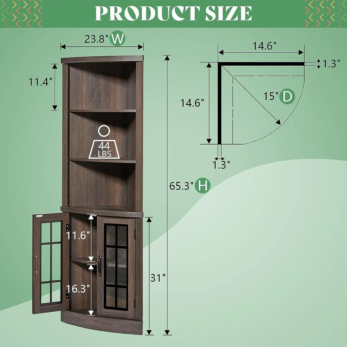 2026 NewMerluxy Curved Corner Cabinet, 65" Wood Bookcase with 3 Shelves, Distressed White