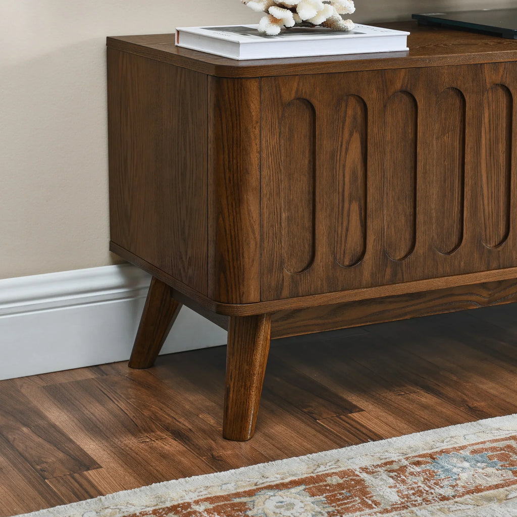 2026 NewNoble House Mid-Century Modern Fluted TV Stand for 65" TV, Entertainment Console with Storage, Solid Wood Legs, Walnut